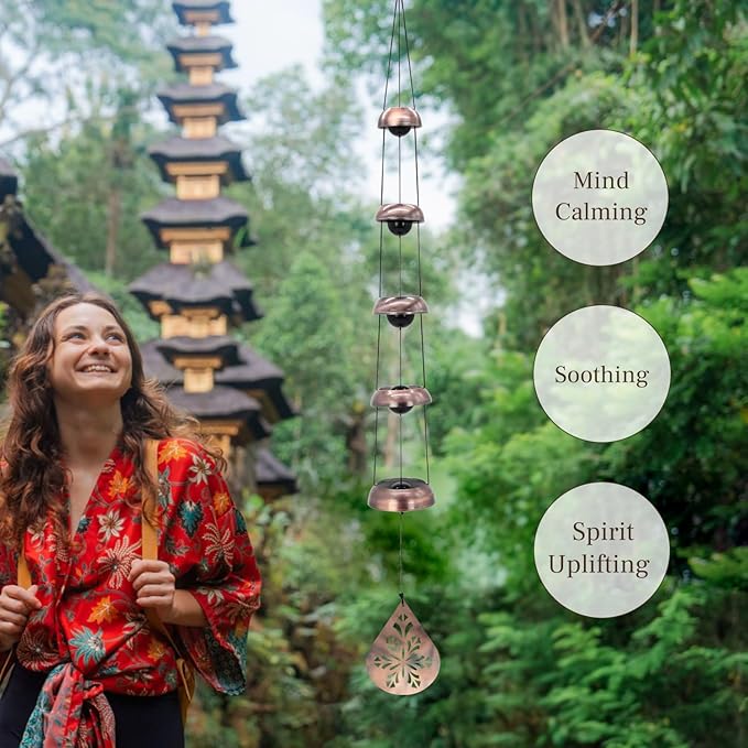 36" Copper Temple Wind Chimes with 5 Bells, Melodious Zen Feng Shui Wind Bells for Outside, Memorial Wind Chime Sympathy Gift with Unique Teardrop Floral Sail, Decorative Garden Decor for Yard Patio