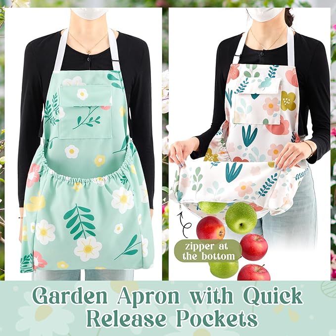 2 Pcs Gardening Apron with Release Pockets, Christmas Gifts for Women, Floral Apron for Harvesting Garden