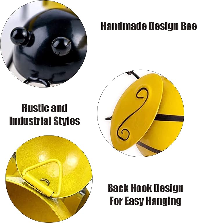Yungeln Metal Wall Art, 4PCS Metal Bumble Bee Wall Decor, 3D Iron Bee Art Sculpture Hanging Wall Decorations for Outdoor Home Garden