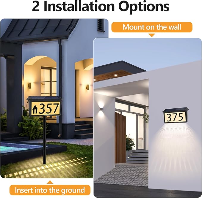 Solar Address Sign, House Numbers for Outside Light Up, 3 Colors Waterproof LED Illuminated House Numbers With Stake, Wall Mounted/In Ground Solar Powered Address Plaque for Yard Garden Home