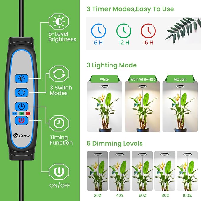 6.3in Grow Light, 80LED Full Spectrum Plant Light for Indoor Growing, Height Adjustable 10"-65", Auto Timer 6/12/16H, 3 Optional Spectrums, Idea for Large Plant, 5V, Black, 2 Pack