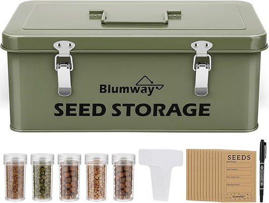 BlumWay Seed Storage Organizer, Metal Seed Saving Box with Lid, Seed Storage Container with Safety Locks, 4 Compartments Seed Packet Organizer, Garden Seed Bin for Plants Flower- Green