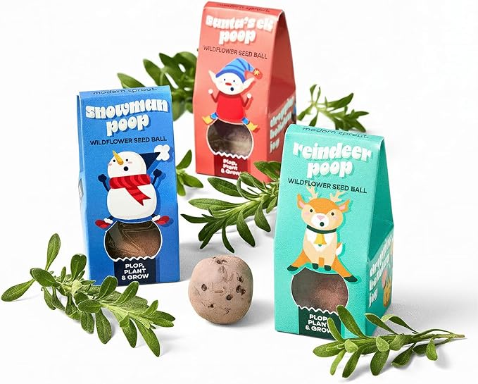 Modern Sprout Wildflower Seed Ball Poop - Easter Basket Essentials - Non-GMO Hand-Rolled Clay Seed Bombs with Wildflower Seeds - Gardening Gift Set for Kids & Adults - (Jingle Plop - Pack of 3)