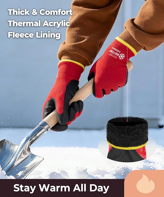 KAYGO 12 Pairs Winter Work Gloves for Men and Women, Thermal Insulated Safety Work Gloves PU Coated, Super Grip,Ideal for Freezer Work,Red,S