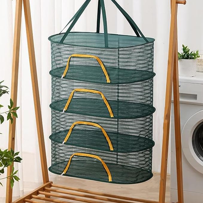4 Layer Herb Drying Rack, Hanging Mesh Plant Dry Net Basket with U Shaped Zipper, Foldable Drying Rack Net for Garden, Herb, Food, Cloth