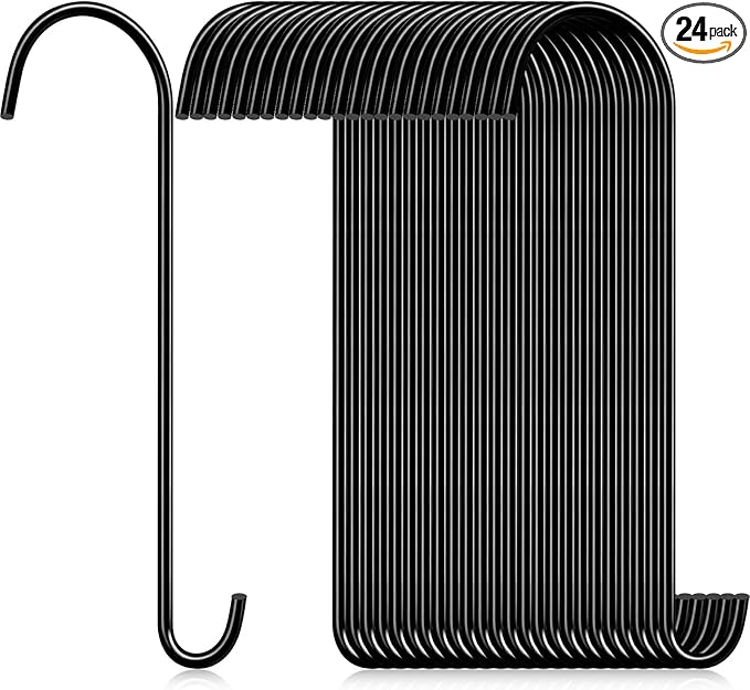 24 Pack 18 Inch S Hooks for Hanging Plants, Heavy Duty Metal Extension Hangers for Bird Feeders Wind Chimes Flower Baskets Black Vinyl Coated Rustproof Garden Hooks