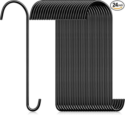 24 Pack 18 Inch S Hooks for Hanging Plants, Heavy Duty Metal Extension Hangers for Bird Feeders Wind Chimes Flower Baskets Black Vinyl Coated Rustproof Garden Hooks