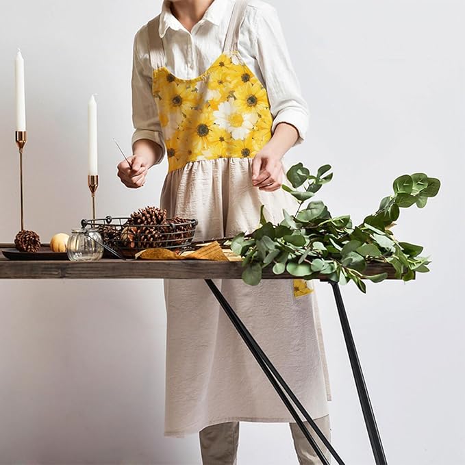 Uaussi Cotton Linen Apron Cross Back Work Apron for Women with Pockets Pinafore Dress X Cross Halter Apron for Chef Gardening