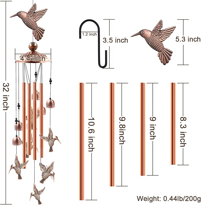 Wind Chimes Outdoor Clearance, Ukulork Aluminum Tube Windchime with S Hook,Patio Garden Decor, Housewarming Gift. (Hummingbird)