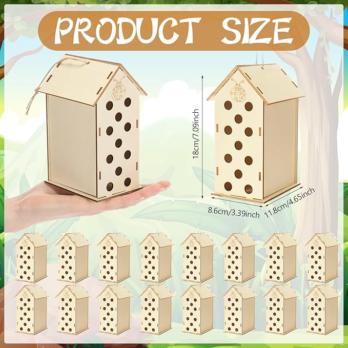 DoubleFill 12 Pack Wood Ladybirds House Painting Crafts Kits My First Ladybugs House DIY Art Craft Kit with Hemp Rope DIY Cedar Wooden Birdhouse for Building Bee Butterfly Habitat, No Paint