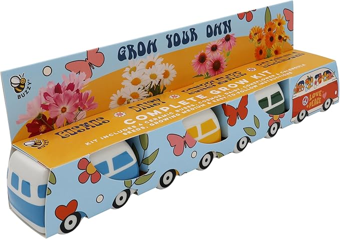 BUZZY Seeds Mini Ceramic Flower Bus Grow Kit, 4-Pack – Colorful Retro Bus Planters with Daisy, Cosmos, Calendula & Coneflower Seeds, All-in-One Seed Starter Gift Set