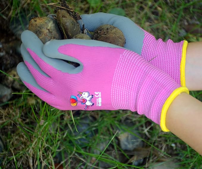 Ages 5-7 Kids Gardening Gloves,Yard Work Gloves for Toddlers, Youth, Girls, Boys, Childrens, Soft Safety Rubber Glove (6 Pairs Green, Blue&Pink, XXS Age 5-7)
