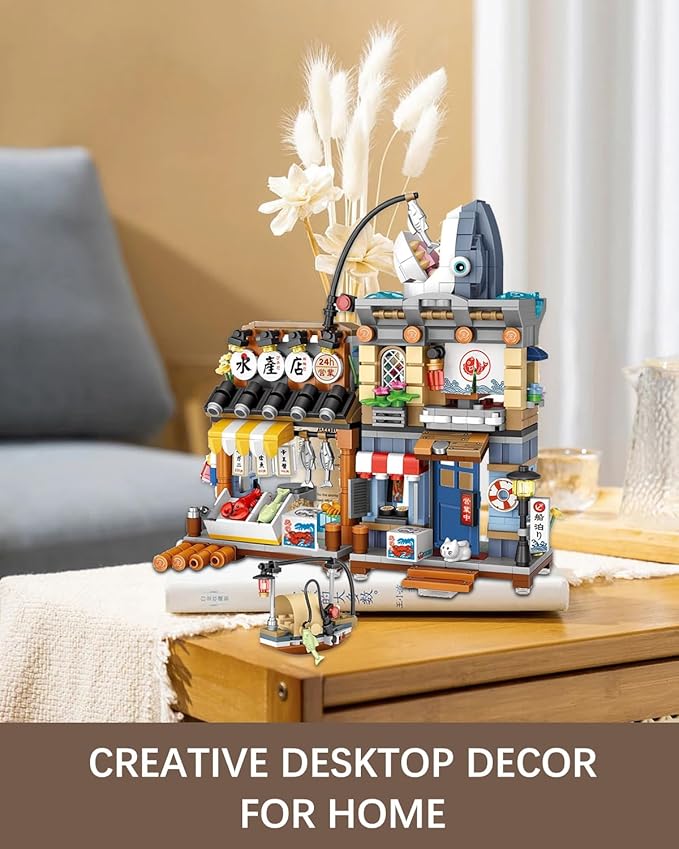 Japanese City Street View Seafood Store Mini Building Blocks Set 790 pcs, Aquatic Products Shop MOC Creative House, Simulation Architecture Toy, Gifts Idea for Kids Adults (1231)
