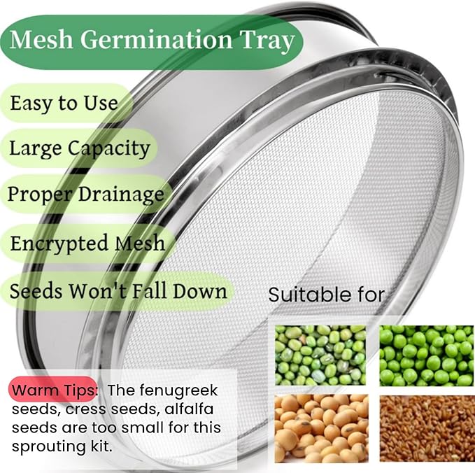9" Stackable Stainless Steel Seed Sprouting Kit, 3-Tier Mesh Germination Tray, Seed Sprout Grower with Lid Base, Microgreens Propagator for Beans Peas Broccoli Wheat Grass, Soil Free