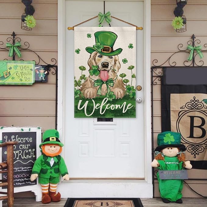 AVOIN colorlife St Patricks Day Green Hat Dog House Flag 28x40 Inch Double Sided, Lucky Shamrock 17 March Welcome Yard Outdoor Flag
