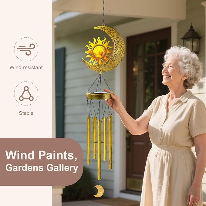JYPS Sun Moon Solar Wind Chimes, 47-Inch Large Waterproof Windchimes for Outside with Glowing Crackle Glass Ball, Garden Patio Yard Decor Christmas Day Birthday Unique Gifts for Women Mom Grandma Wife