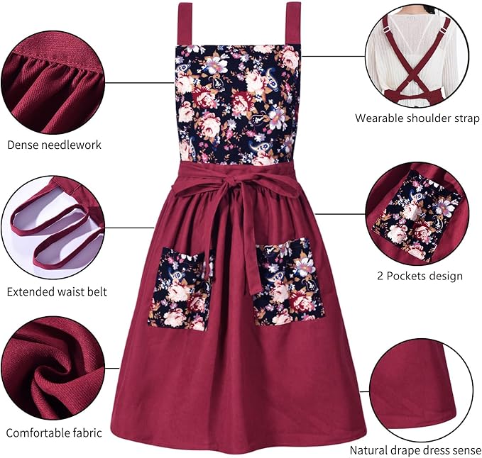 Vintage Pinafore Apron Dress for Women with Pockets Cute Floral Chef Aprons for Kitchen Cooking Baking Gardening