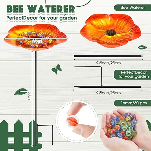 Tandefio 2 Pack Bee Watering Station Metal Butterfly Water Feeder Cup with 60 Colorful Glass Marble Vivid Flower Butterfly Bee Bath Bowl for Outdoor Garden Yard Decor(Golden Brown)