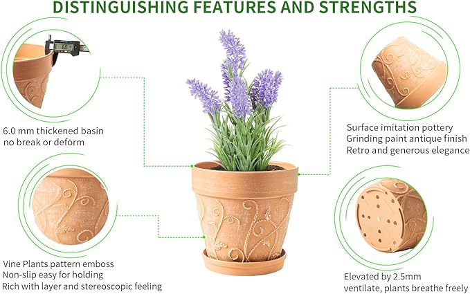Melphoe Plant Pots Indoor with Drainage & Saucer, 2Pack 8 inch Flower Pots Outdoor Planters for Indoor Plants Garden Home Decor Cactus Succulent, Rigid Plastic (Imitation-Terracotta) Vine-Embossed