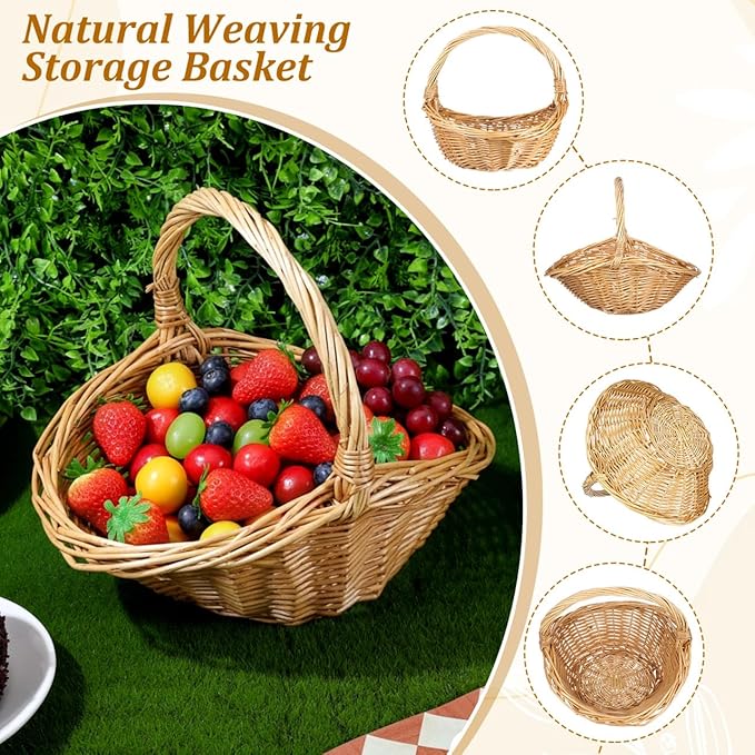 Kisangel Wicker Picnic Basket with Handle, 8.66 x 7.07 x 7.87in Wicker Flower Basket Small Storage for Weddings, Garden Home Fruits Vegetable Decor
