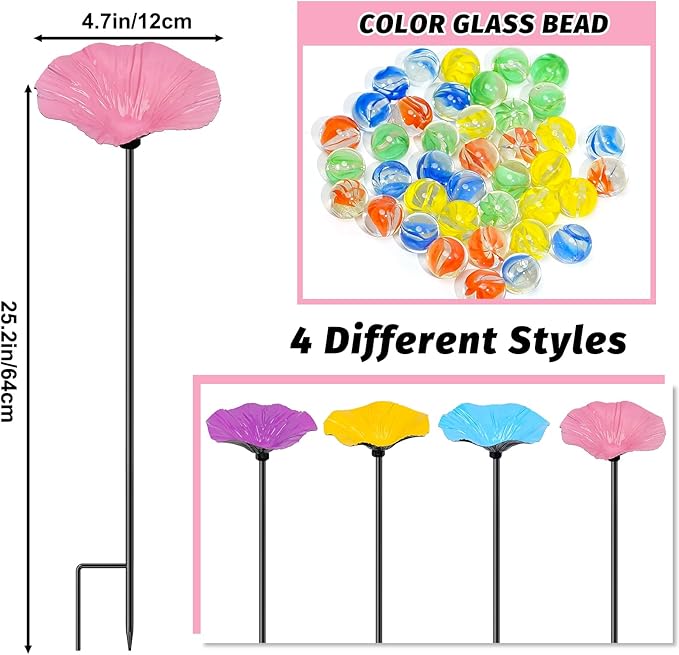 4 Pack Bee Watering Station for Garden, Metal Bee Butterfly Feeder with 40Pcs Glass Marbles, Colorful Butterfly Bee Bath Water Bowl with Flower Design for Outdoor Yard Patio Decor