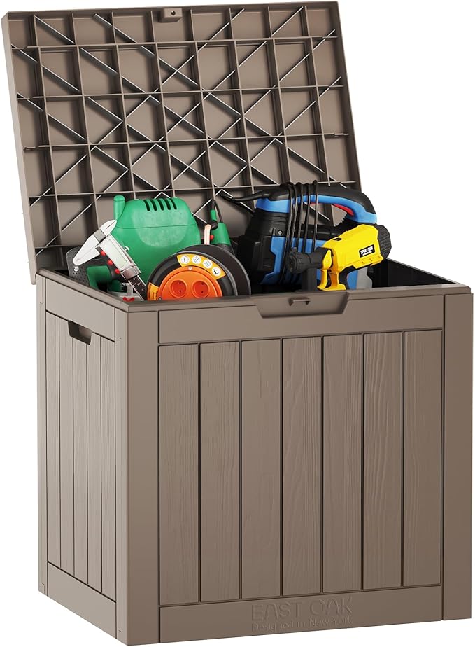 EAST OAK Outdoor Storage Box, 31 Gallon Deck Box, Waterproof Resin Storage Bin for Patio Cushions, Gardening Tools, Accessories, Lockable, UV Resistant, Brown