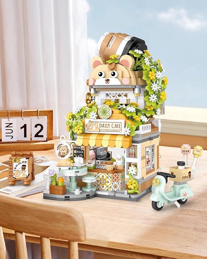 City Street View Bear Coffee Shop Mini Building Blocks Set 1077 pcs, MOC Creative Bear Animal Theme House, Simulation Architecture Toy, Gifts Idea for Kids Adults (1382)