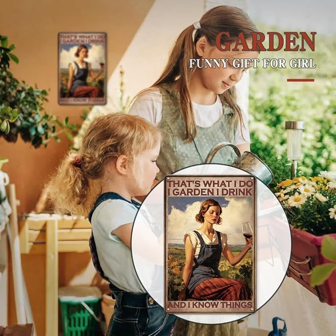 YOYI ART Vintage Metal Garden Signs for Outside - That's What I Do I Garden I Drink And I Know Things, Funny Tin Signs for Farmhouse, Patio Decor Wall Art, Gardening Gifts for Mom Women, 8 x 12 inch