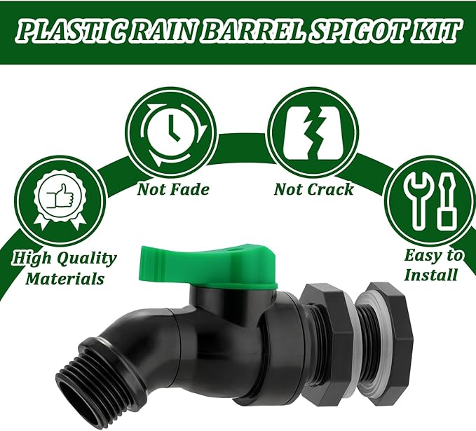 Plastic Rain Barrel Spigot Kit - High Flow Water Barrel Faucet with Bulkhead Fitting, 3/4" NPT to 3/4" GHT Leak-Proof Rain Barrel Spigot with Seal Tape & Gasket for Water Tank, Garden Barrel