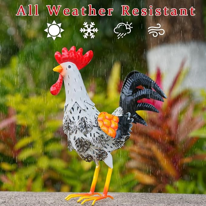 Metal Rooster Garden Statue, 12'' Funny Chicken Outdoor Statue Yard Art Decor, Waterproof Rooster Lawn Ornaments for Garden, Lawn, Farmhouse(White)