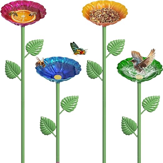 4Pcs Bee Watering Station, 4.13" Butterfly Bee Bath Bowl, Metal Colorful Flower Shaped Pollinator Watering Station Bee Waterer Bird Feeder for Outdoor Garden Decor (Red,Green,Blue,Yellow)