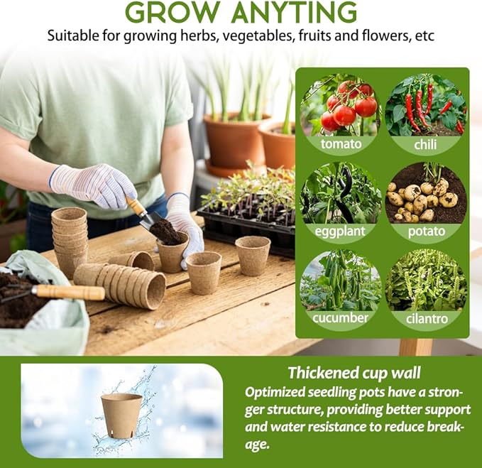Peat Pots 264 Pcs 4 inch, Biodegradable Compostable Plant Seed Starter Pots Paper Potting Cups for Seedlings Planting Seeds, Thickened with Drainage Holes Includes Tools and 264 Plant Tags