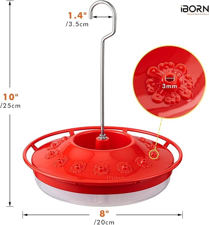 iBorn Hummingbird Feeders for Outdoors Hanging,Bee Proof Hummingbird Feeder with 14 Feeding Ports,13 OZ Saucer Humming Bird Feeders with Ant Moat,Ant Proof No Leak,Easy to Clean and Refill,2 Pack,Red