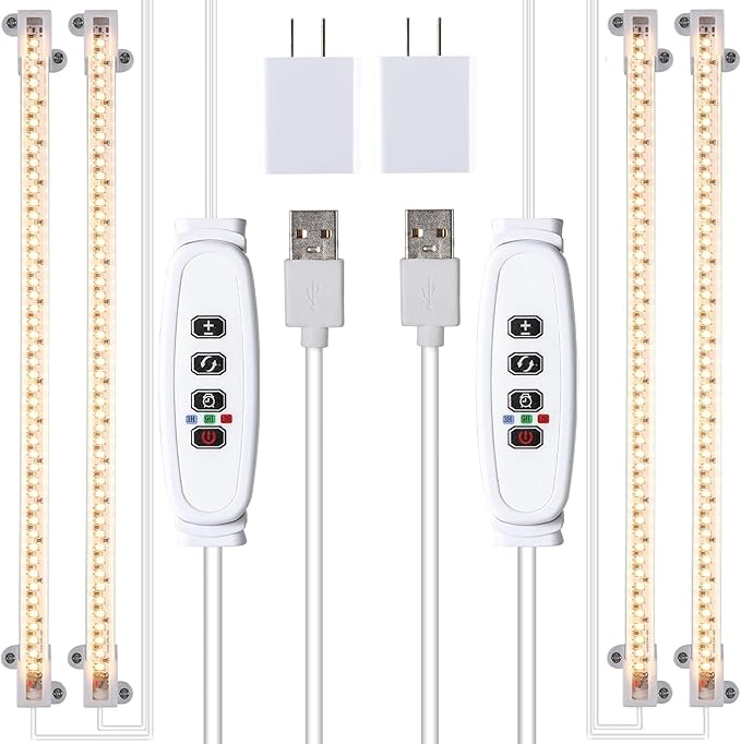 Two Strip Growing Lamp 2-Pack for Indoor Plants, 3500K Full Spectrum LED Grow Light Strips with Auto ON/Off 3/9/12H Timer & 10 Dimmable Levels for Green House Succulent (2 Head×2 Pack)
