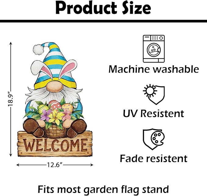 Heyfibro Welcome Easter Garden Flag Banner Double Sided 12.6x18.9 Inch Bunny Gnome Garden Flag Small Yard Flags for Outside House Farmhouse Holiday Easter Outdoor Decorations