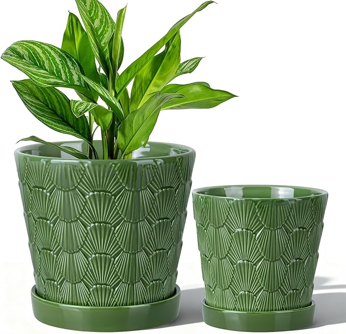 Ceramic Plant Pot,5+6 Inch Flower Pots with Drainage Hole&Tray,Ceramic Planter for Succulents Cactus,Indoor/Outdoor Pot for Plants,Set of 2- Patina