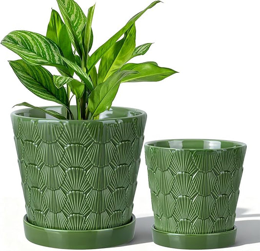 Ceramic Plant Pot,5+6 Inch Flower Pots with Drainage Hole&Tray,Ceramic Planter for Succulents Cactus,Indoor/Outdoor Pot for Plants,Set of 2- Patina
