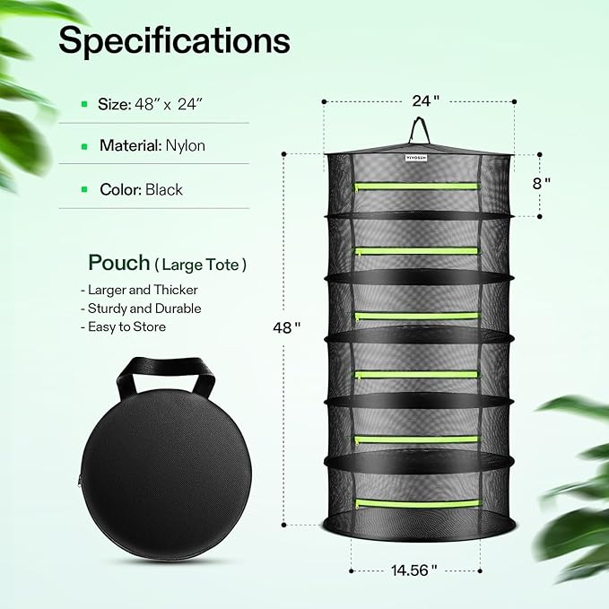 VIVOSUN 4-Pack 6-Layer Mesh Drying Rack Hanging Design with Green Zippers for Dehydrating, Indoor and Outdoor (Pruning Shears Included)