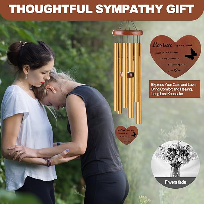 Memorial Wind Chimes for Loss of Mother or Father – Personalized Sympathy Wind Chimes for Outside, Bereavement Gift for Loss of Loved One, Unique Outdoor Memorial Gifts – Gold