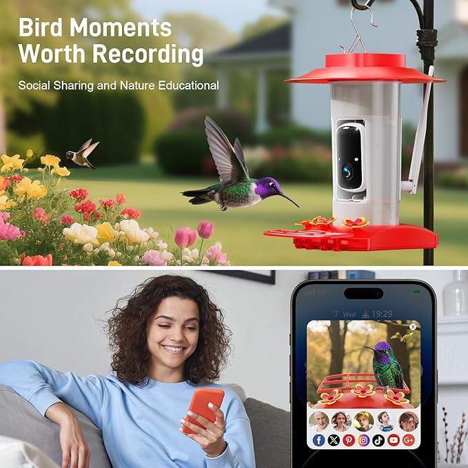 Hummingbird Feeder with Camera Outdoor, SV3C Hanging Bird Feeder with Ant Moat & Bee-Proof, HD 2K Solar Powered, AI Bird Identify, Instant App Alerts, Auto Capture, Hummingbird Lover Gifts, 21oz, Red
