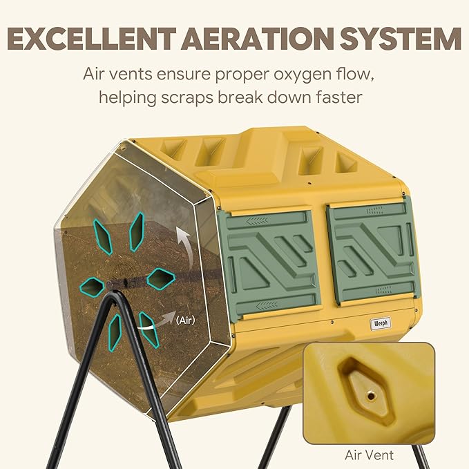Updated 43 Gallon Dual-Chamber Compost Bin, Fast Assembly Outdoor Compost Tumbler, Rotating Batch Composter Bin with Gloves for Garden, Kitchen, and Yard