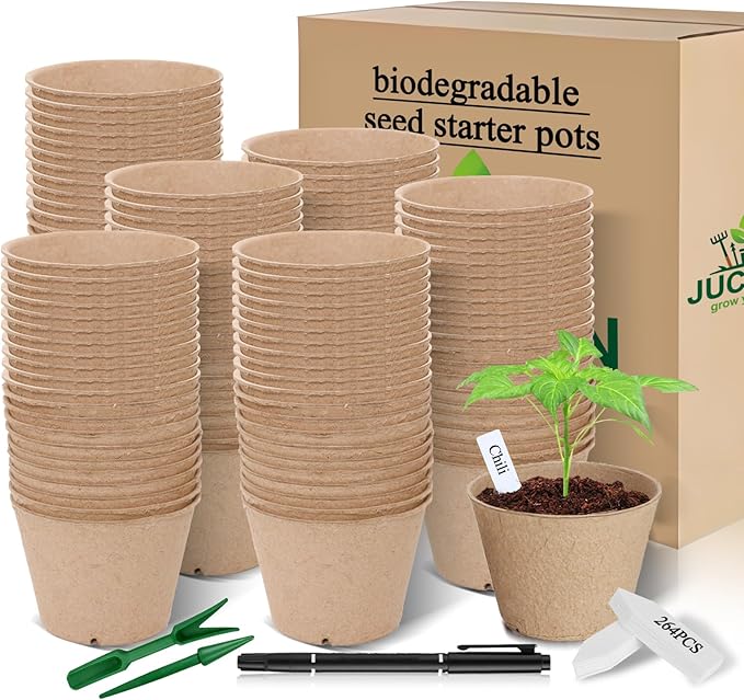 Peat Pots 264 Pcs 4 inch, Biodegradable Compostable Plant Seed Starter Pots Paper Potting Cups for Seedlings Planting Seeds, Thickened with Drainage Holes Includes Tools and 264 Plant Tags