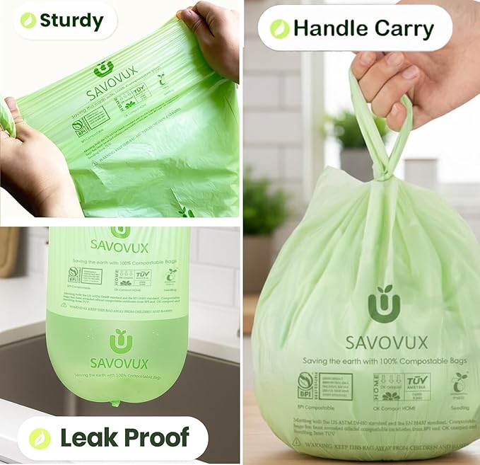 1.6 Gallon Compost Bags with Handles, Small Kitchen Food Scrap trash Bags for Countertop Compost Bin, 6L, 100 Count, BPI & OK Compostable Certified