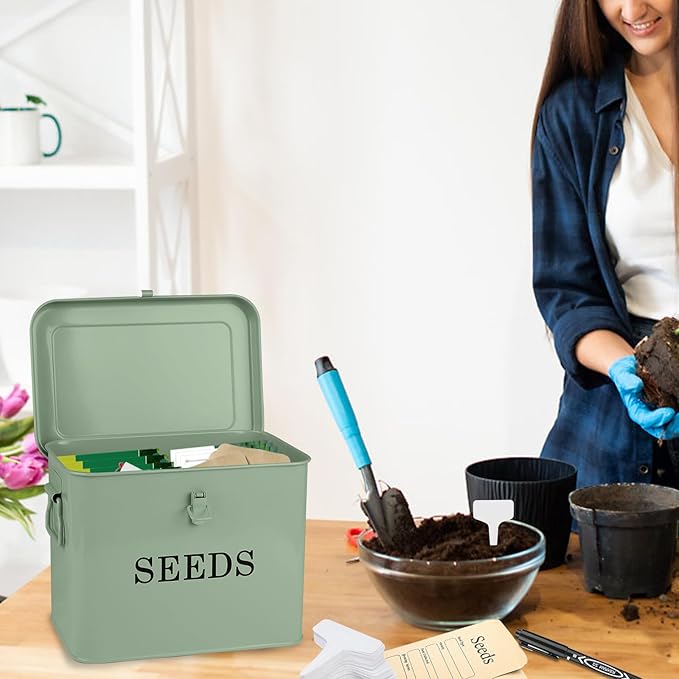 3 Dividers Seed Storage Box, Metal Seed Box Seed Storage Organizer with Safety Lock, Portable Garden Seed Bin, Professional All-in-one Kit, Green