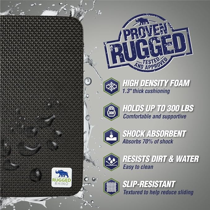RUGGED RHINO Heavy Duty Patent Pending Kneeling Pad, 2 PK, Shock Absorbent Thick Knee Pads, Holds Up to 300 lbs, Protect Knees from Hard Concrete Surfaces, For Mechanics, Gardening, Gym, Onyx Black