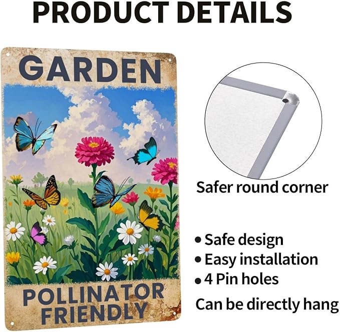 Garden Signs Pollinator Friendly Metal Tin Signs Flowers Signs 8x12 Inch Outdoor Wall Decor