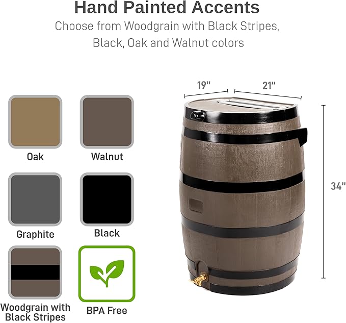 RTS Home Accents 50-Gallon Rain Barrel with Link Kit, Flat Back Rain Water Collection Barrel, Link Kit Included, Woodgrain with Black Stripes (2 Pack)