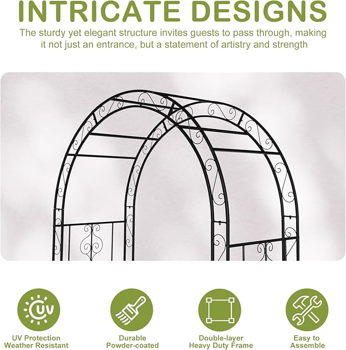 Outvita 7FT Garden Arch Arbor, Heavy Duty Metal Arbour Archway, Decorative Frame Stand Trellis with 7 Inch Ground Stakes for Wedding Ceremony Party Plant Climbing Rose Vines Lawn Courtyard Patio Black