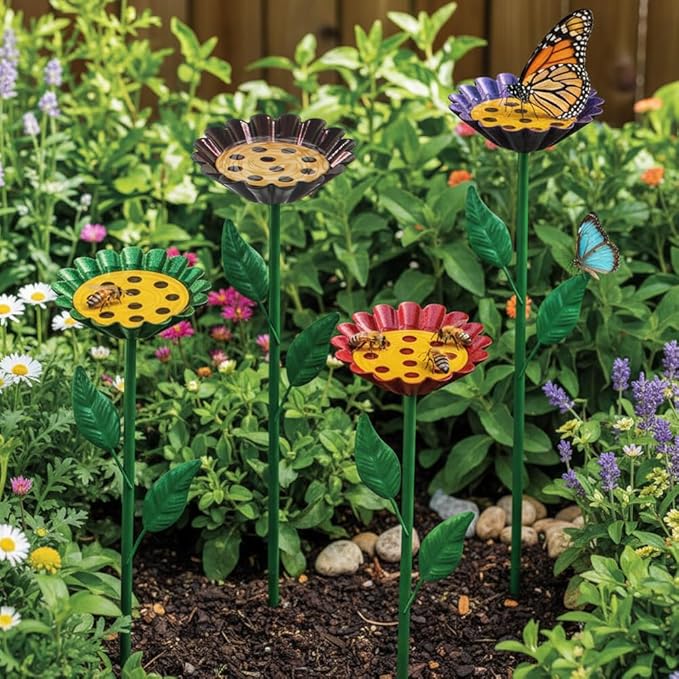 DREAMYSOUL 4 Pack Bee Watering Station, Colorful Metal Bee Bath and Feeder Set for Outdoor Garden Yard