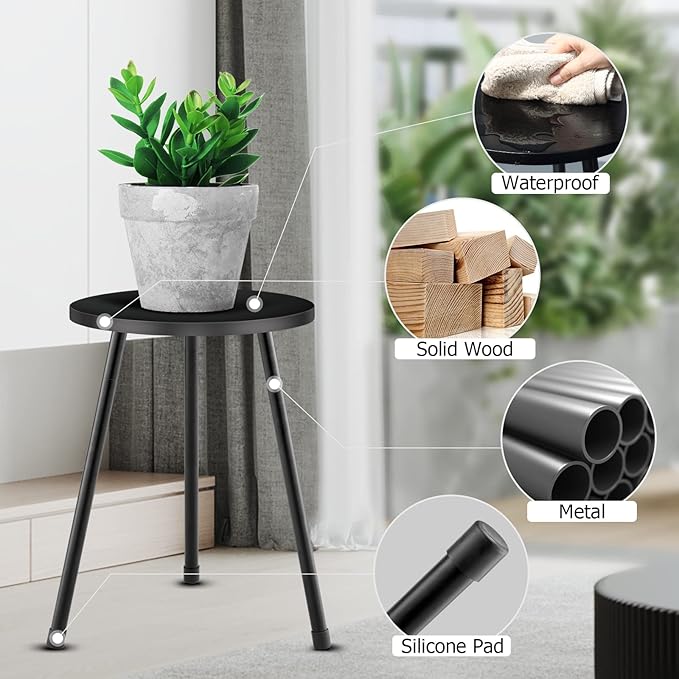 Plant Stand Indoor, Mid Century Wood Plant Stand Black Plant Table for Flower Pots, Tall Metal Plant Holder, Modern Home Decor Small Round Side End Table (11.8"x16")